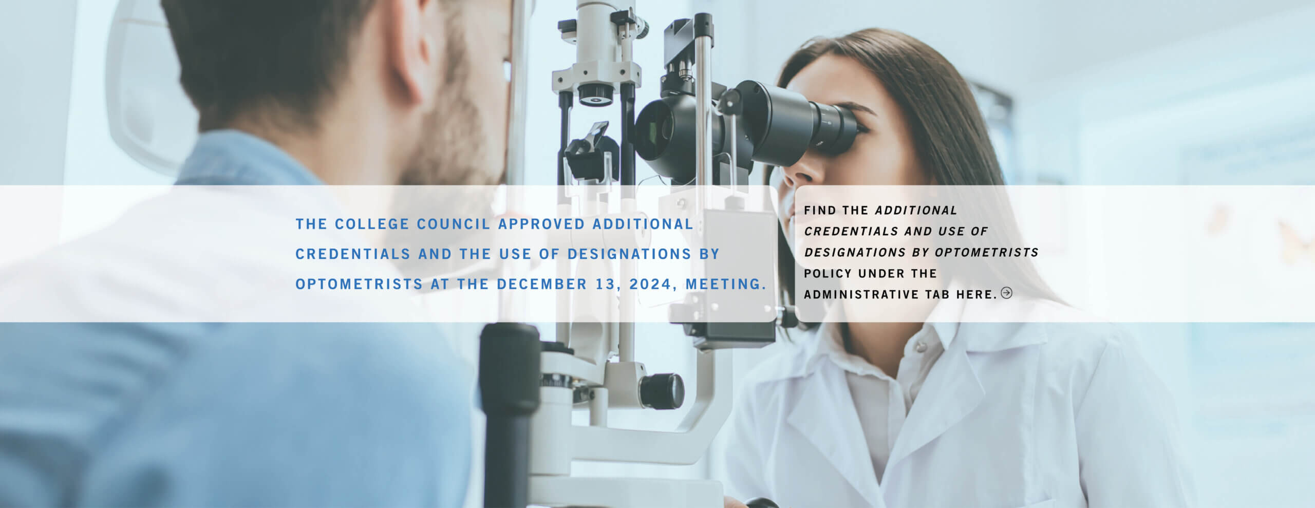 An optometrist looks through a piece of optometry equipment at a patient's eyes. Text reads 